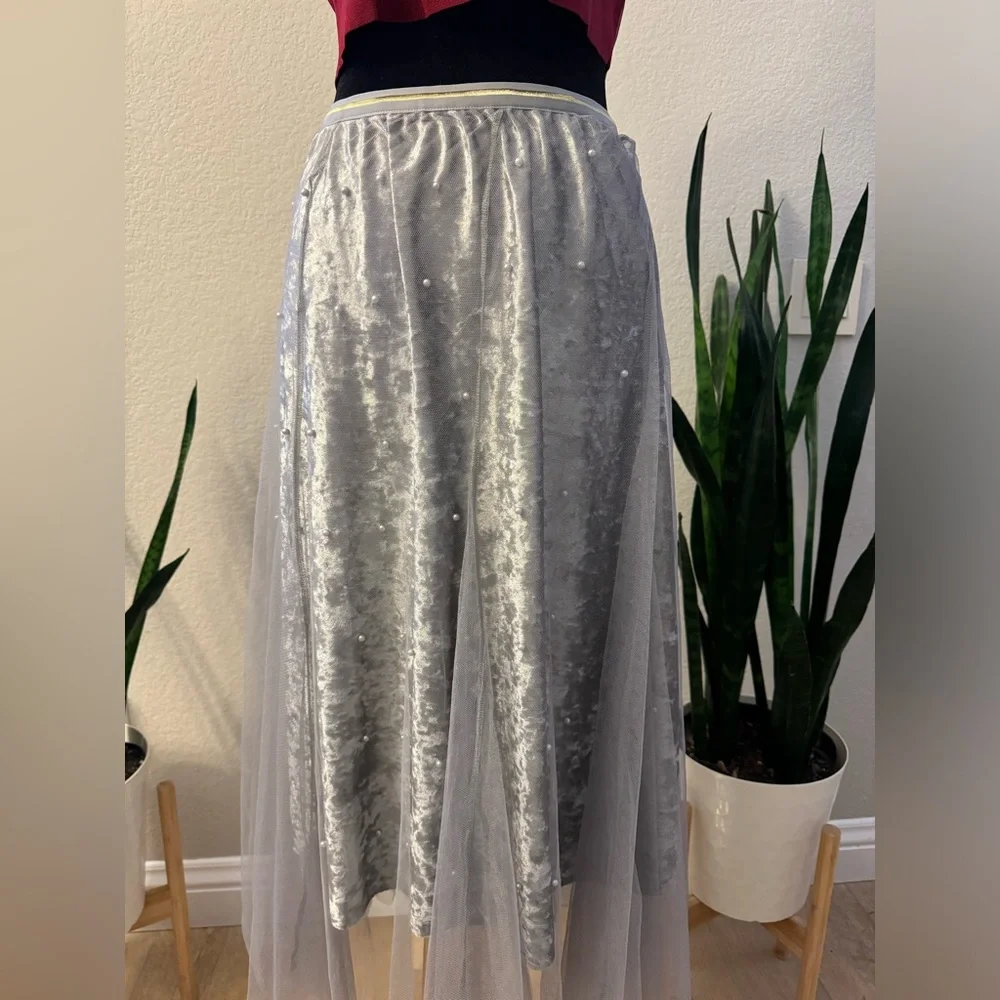 ANTHROPOLOGIE RAGA SKIRT 1X GRAY TULLE LAYERED A-LINE VELVET MESH PEARL‎ PLUS
